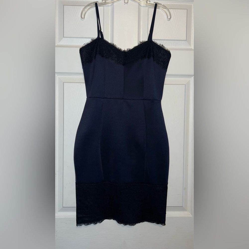 Kardashian Kollection Navy Blue with Black Lace Mini Dress Size Small EUC